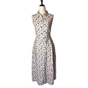 Cynthia Rowley White & Red Floral Print 100% Linen Button-Down Midi Shirt Dress